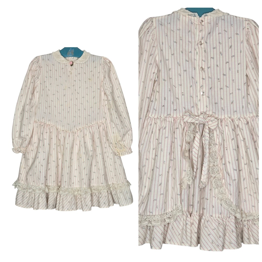 VTG Peaches 'N Cream Pink Stripe Floral Lace Collar Prairie Dress Girl Sz 6
